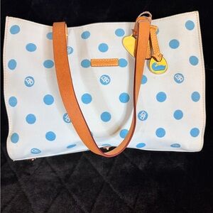 Dooney & Bourke Blue Polka Dot Tote with Tan Straps